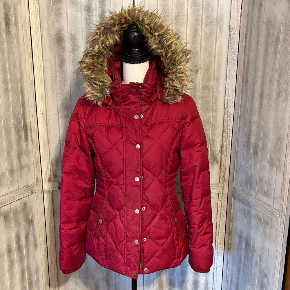 Covington Women's Red Puffer Jacket with Faux Fur Trim